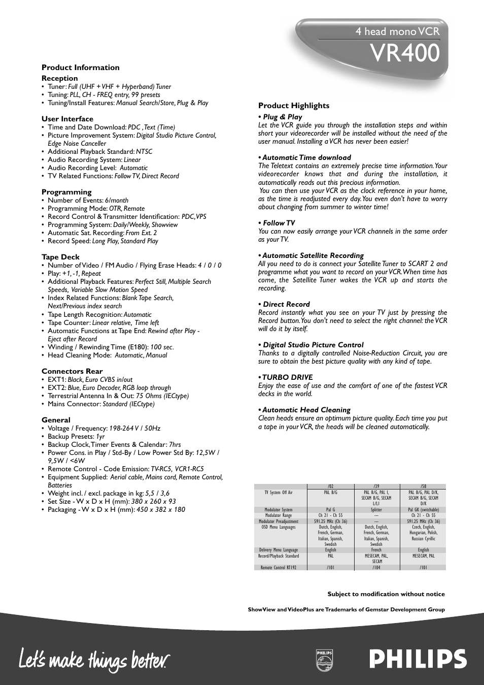 Vr400, 4 head mono vcr, Product highlights | Product information | Philips SHOWVIEW VR400 User Manual | Page 2 / 2