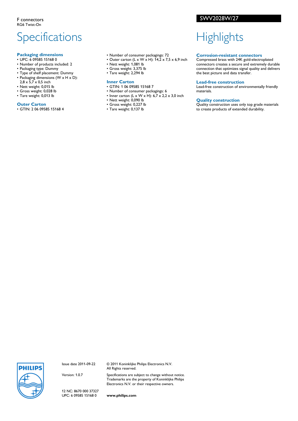 Specifications, Highlights | Philips RG6 SWV2028W User Manual | Page 2 / 2