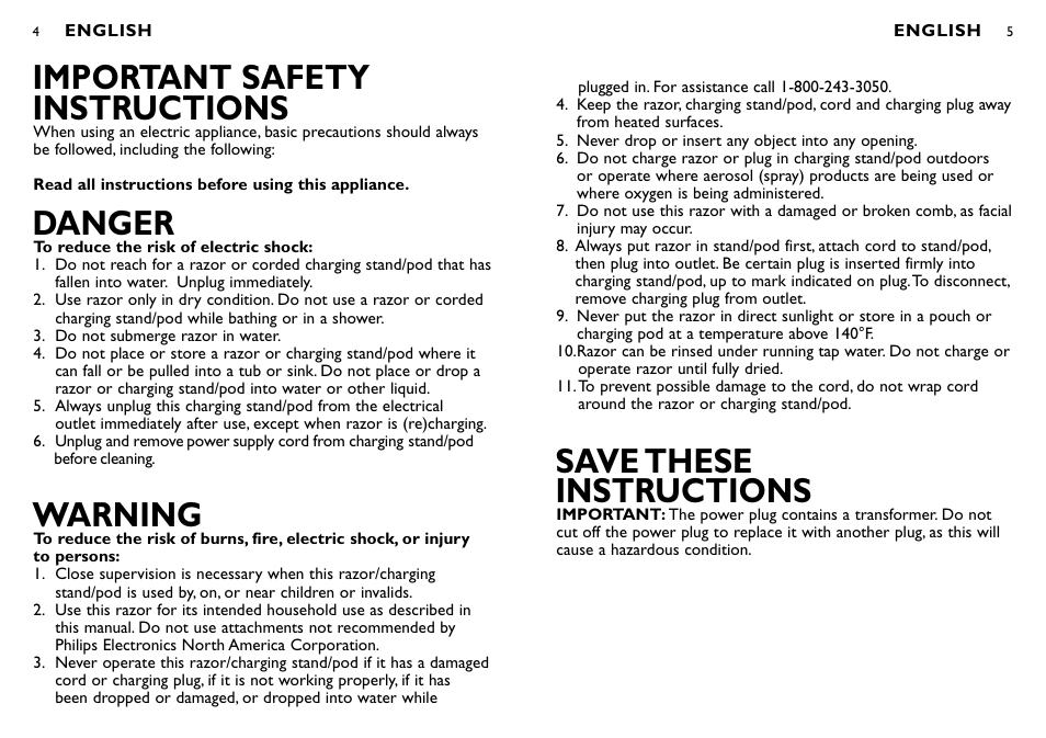 Save these instructions, Important safety instructions, Danger | Warning | Philips 1060X User Manual | Page 3 / 16