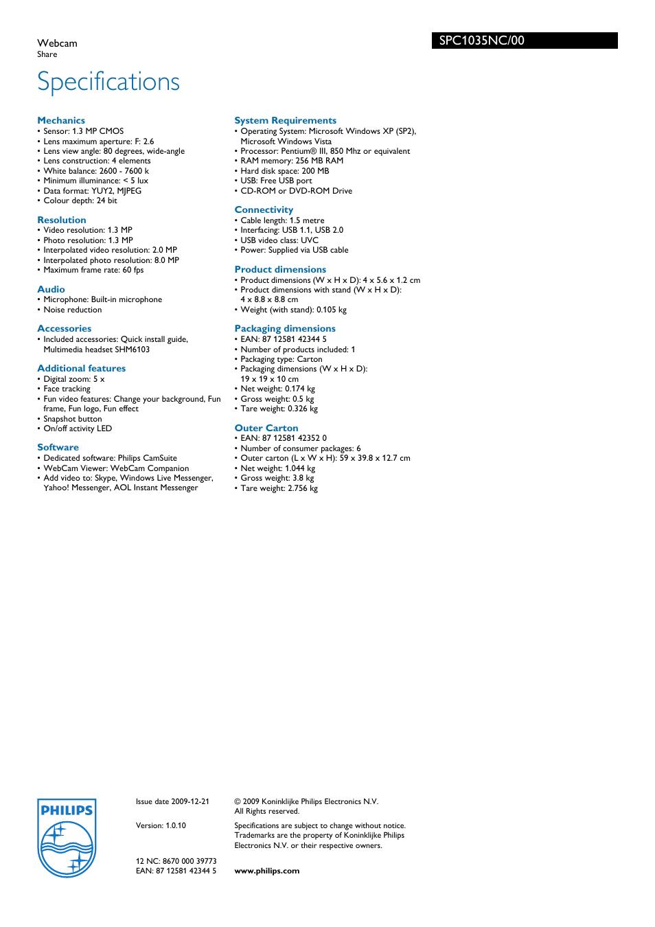 Specifications | Philips SPC1035NC User Manual | Page 3 / 3