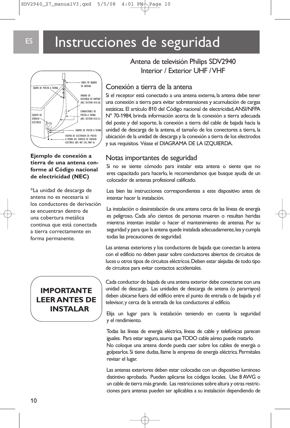 Instrucciones de seguridad, Notas importantes de seguridad, Importante leer antes de instalar | Philips SDV2927 User Manual | Page 10 / 24