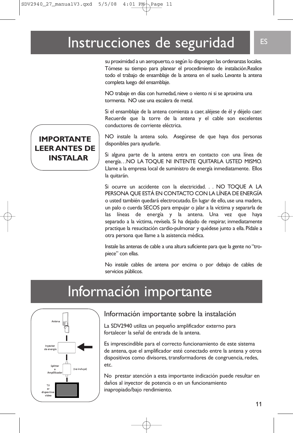 Instrucciones de seguridad, Información importante, Información importante sobre la instalación | Importante leer antes de instalar | Philips SDV2927 User Manual | Page 11 / 24