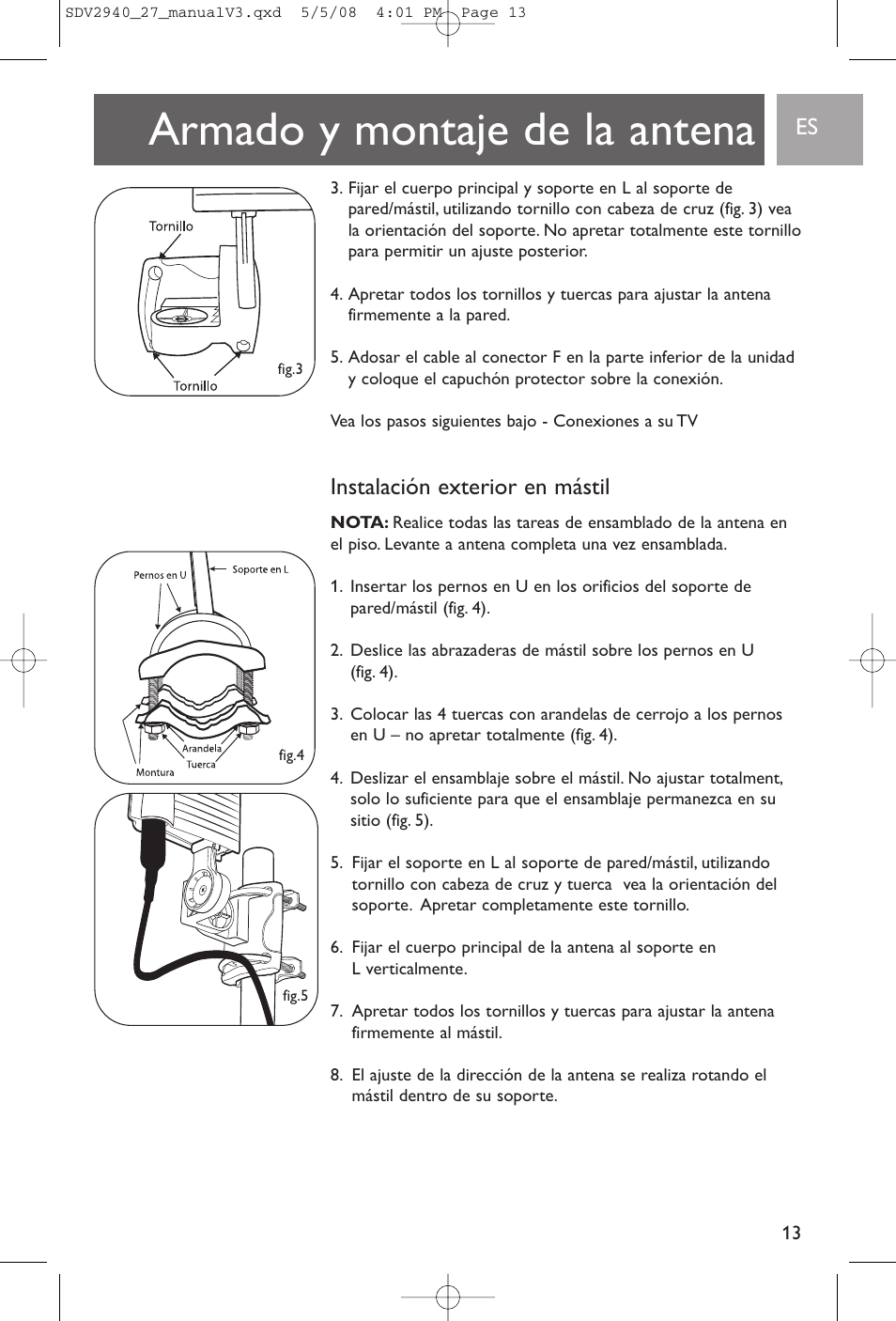 Armado y montaje de la antena, Instalación exterior en mástil | Philips SDV2927 User Manual | Page 13 / 24