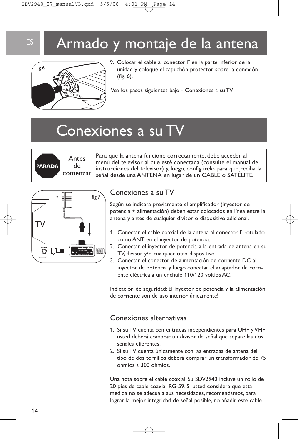 Armado y montaje de la antena conexiones a su tv, Conexiones a su tv, Conexiones alternativas | Philips SDV2927 User Manual | Page 14 / 24