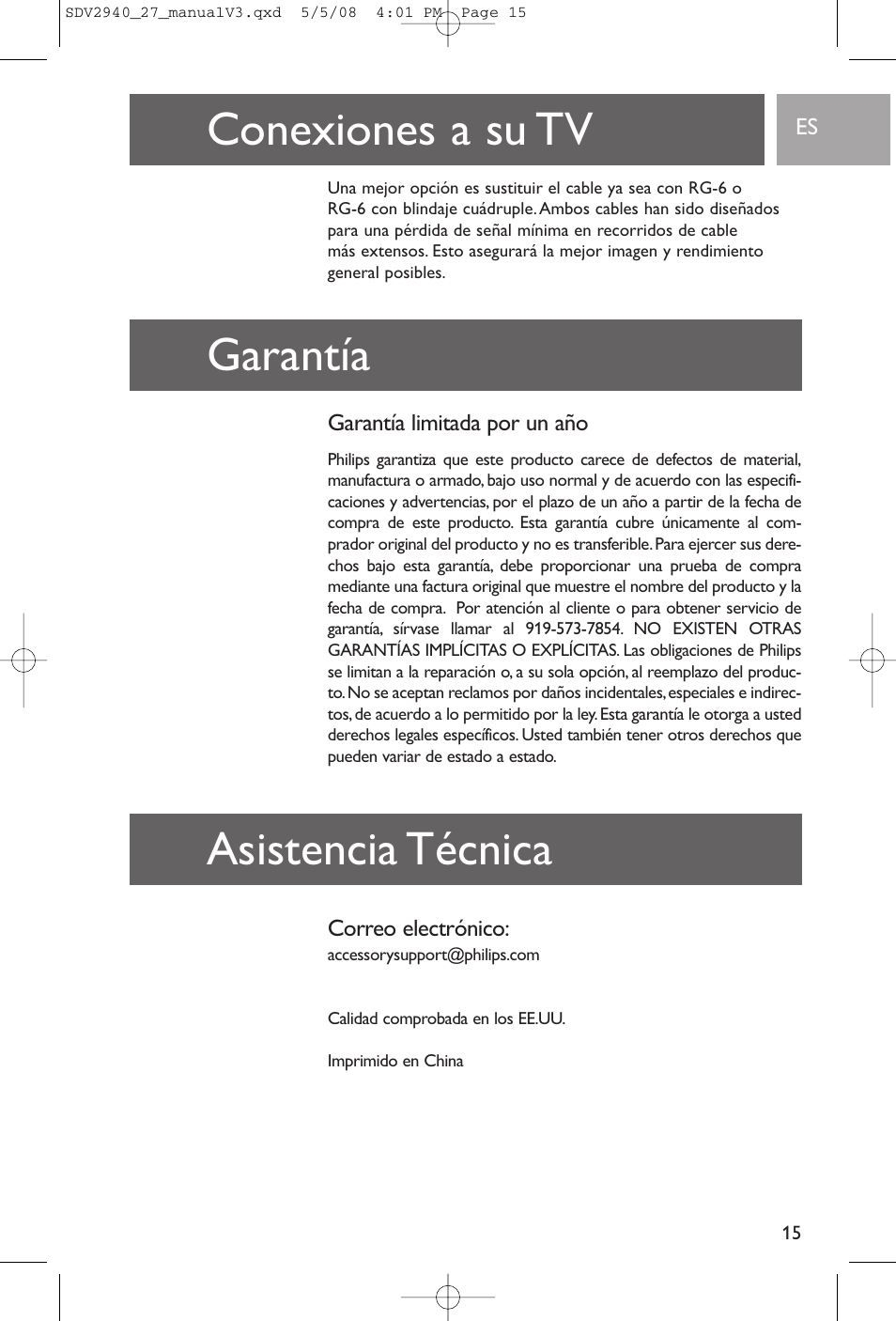 Conexiones a su tv asistencia técnica garantía | Philips SDV2927 User Manual | Page 15 / 24