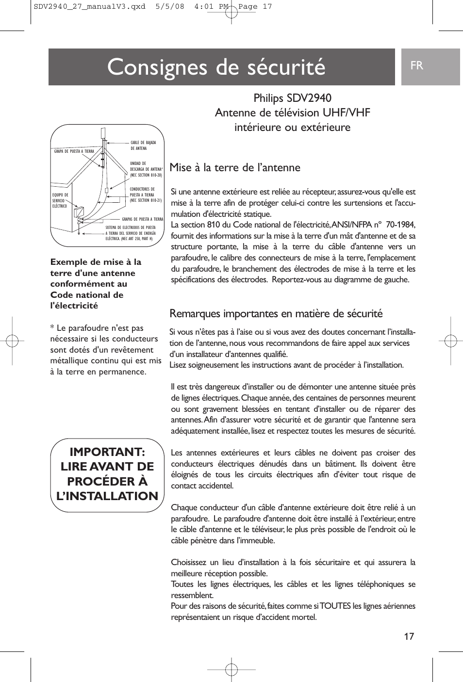 Consignes de sécurité, Remarques importantes en matière de sécurité, Important: lire avant de procéder à l’installation | Philips SDV2927 User Manual | Page 17 / 24