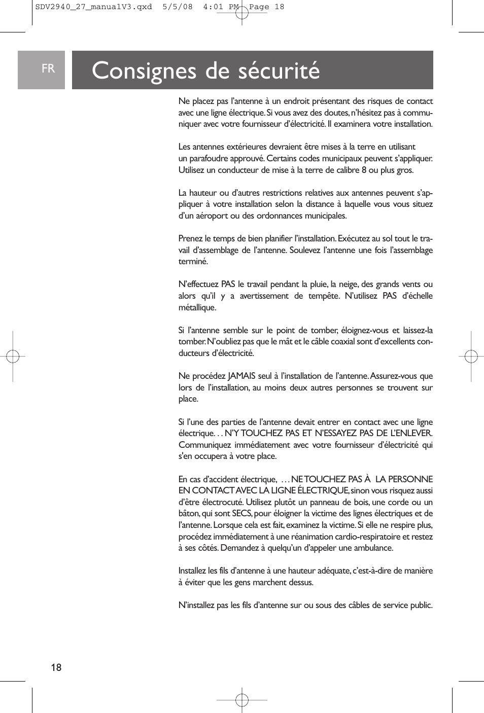 Consignes de sécurité | Philips SDV2927 User Manual | Page 18 / 24