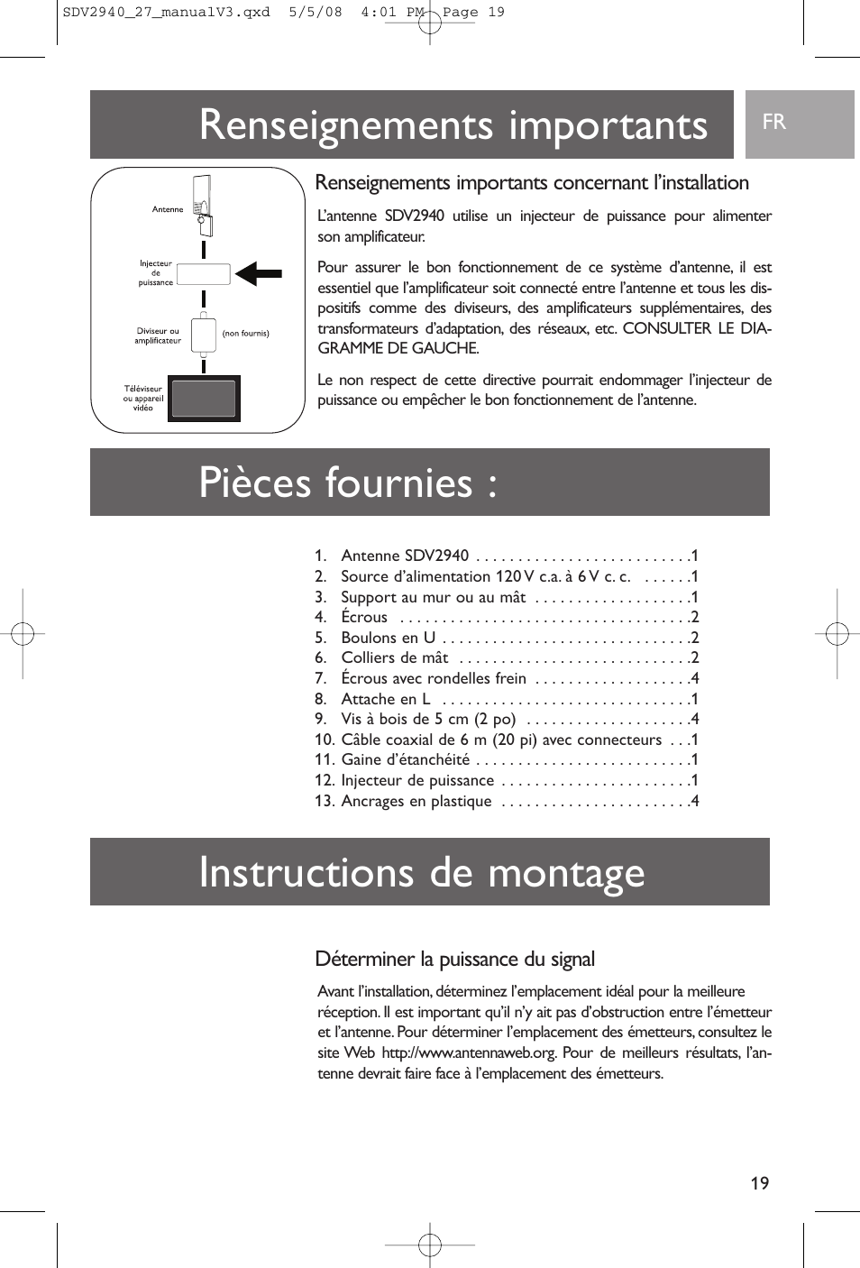 Renseignements importants, Pièces fournies : instructions de montage, Déterminer la puissance du signal | Philips SDV2927 User Manual | Page 19 / 24