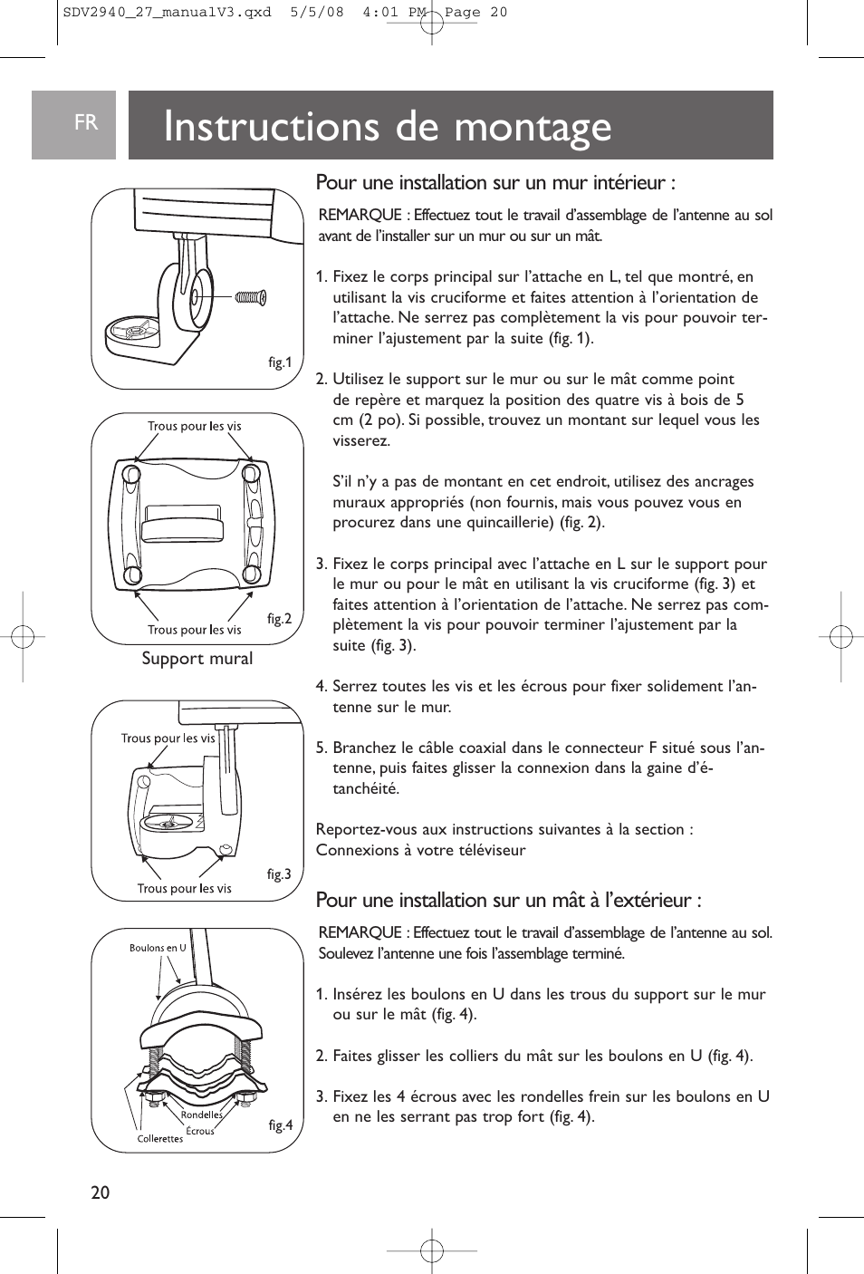 Instructions de montage, Pour une installation sur un mur intérieur, Pour une installation sur un mвt а l’extérieur | Philips SDV2927 User Manual | Page 20 / 24