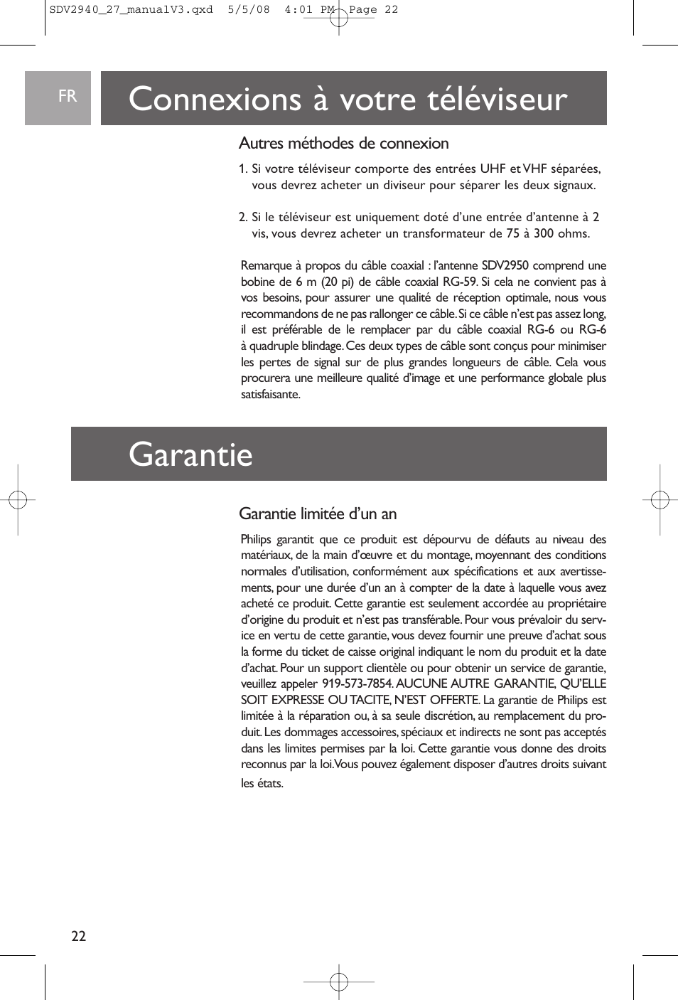 Connexions à votre téléviseur, Garantie, Autres méthodes de connexion | Garantie limitée d’un an | Philips SDV2927 User Manual | Page 22 / 24