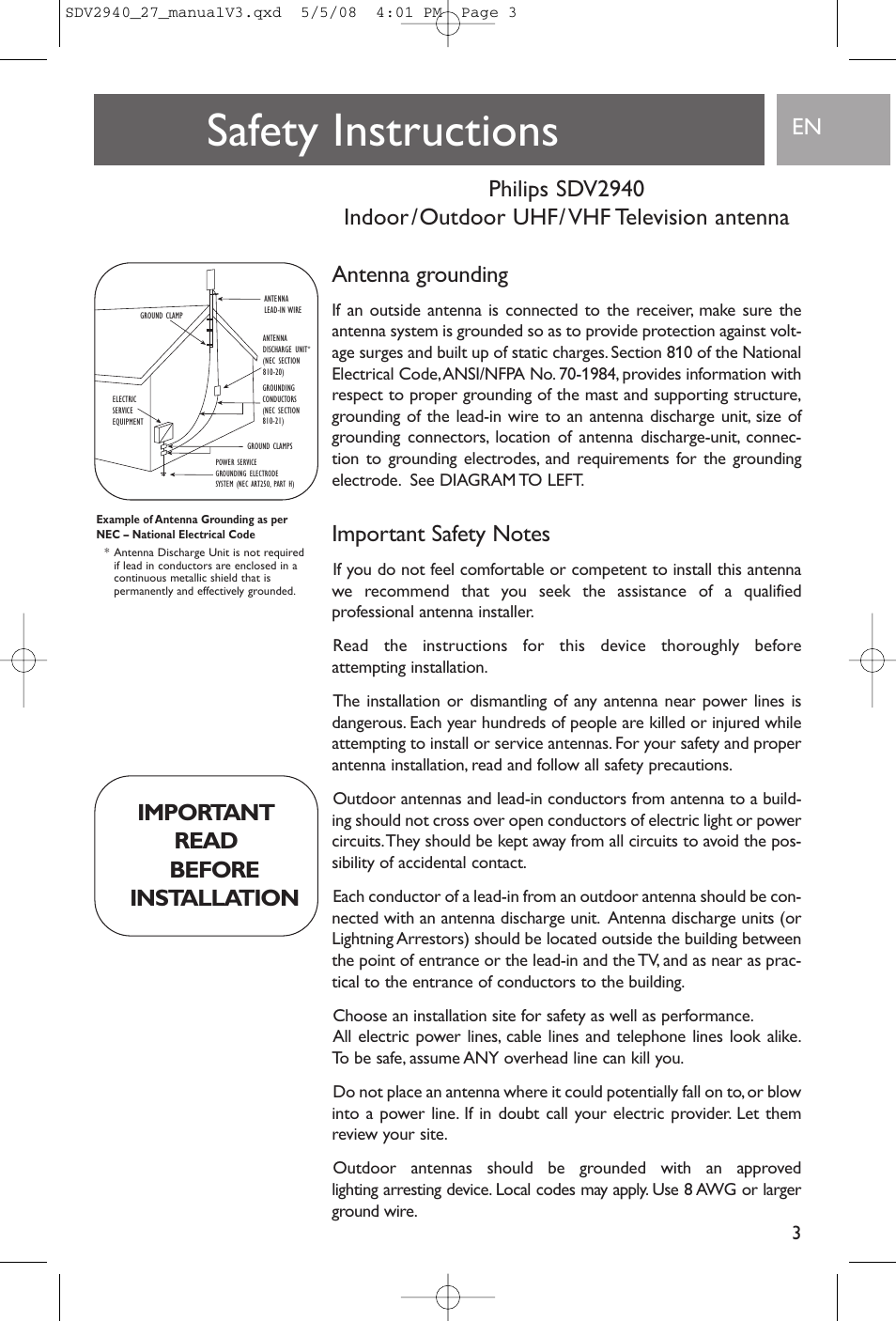 Safety instructions, Important read before installation | Philips SDV2927 User Manual | Page 3 / 24