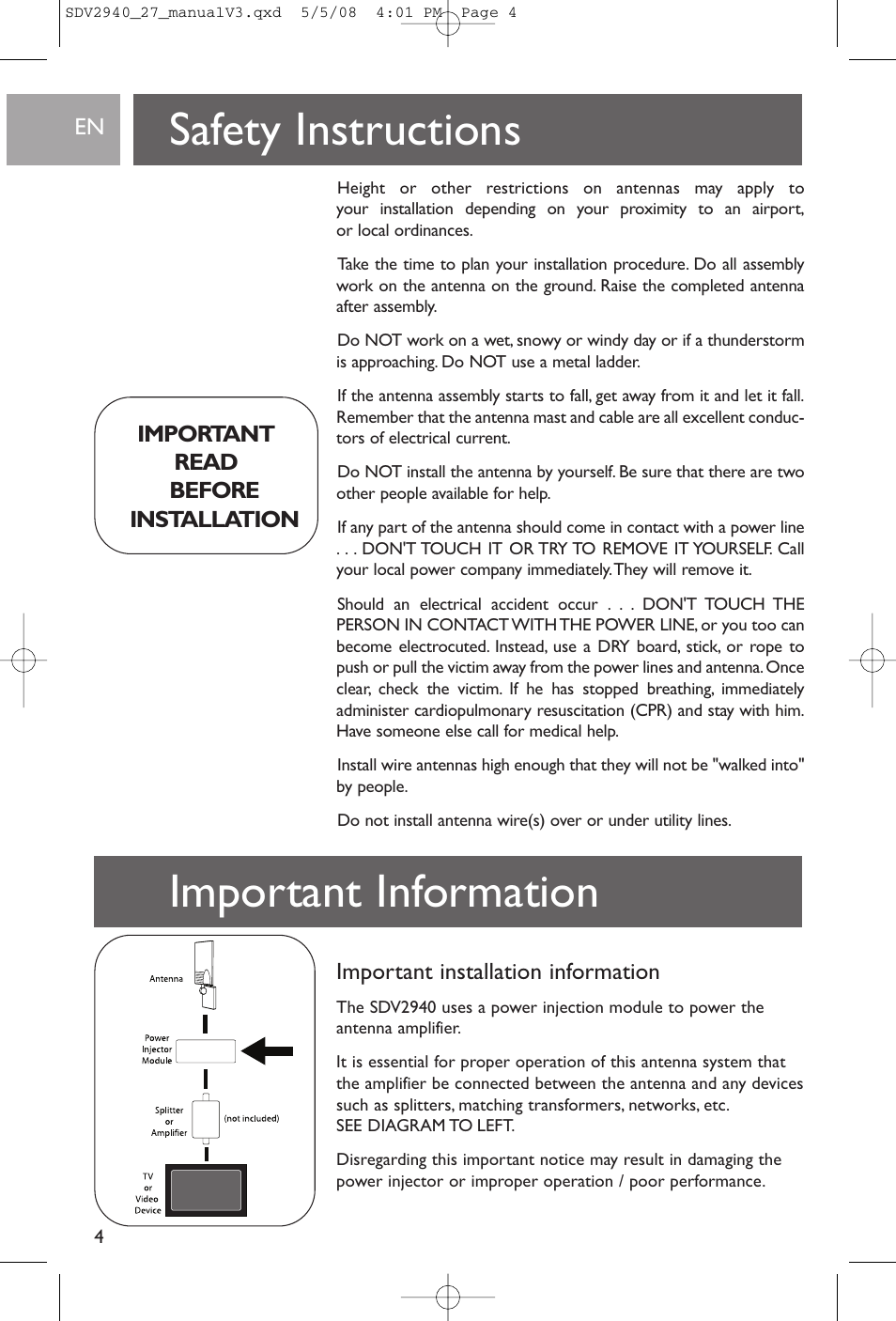 Safety instructions, Important information, Important installation information | Important read before installation | Philips SDV2927 User Manual | Page 4 / 24