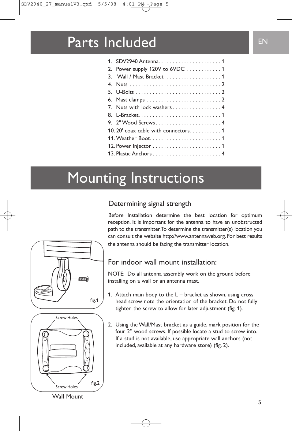 Parts included, Mounting instructions, Determining signal strength | For indoor wall mount installation | Philips SDV2927 User Manual | Page 5 / 24