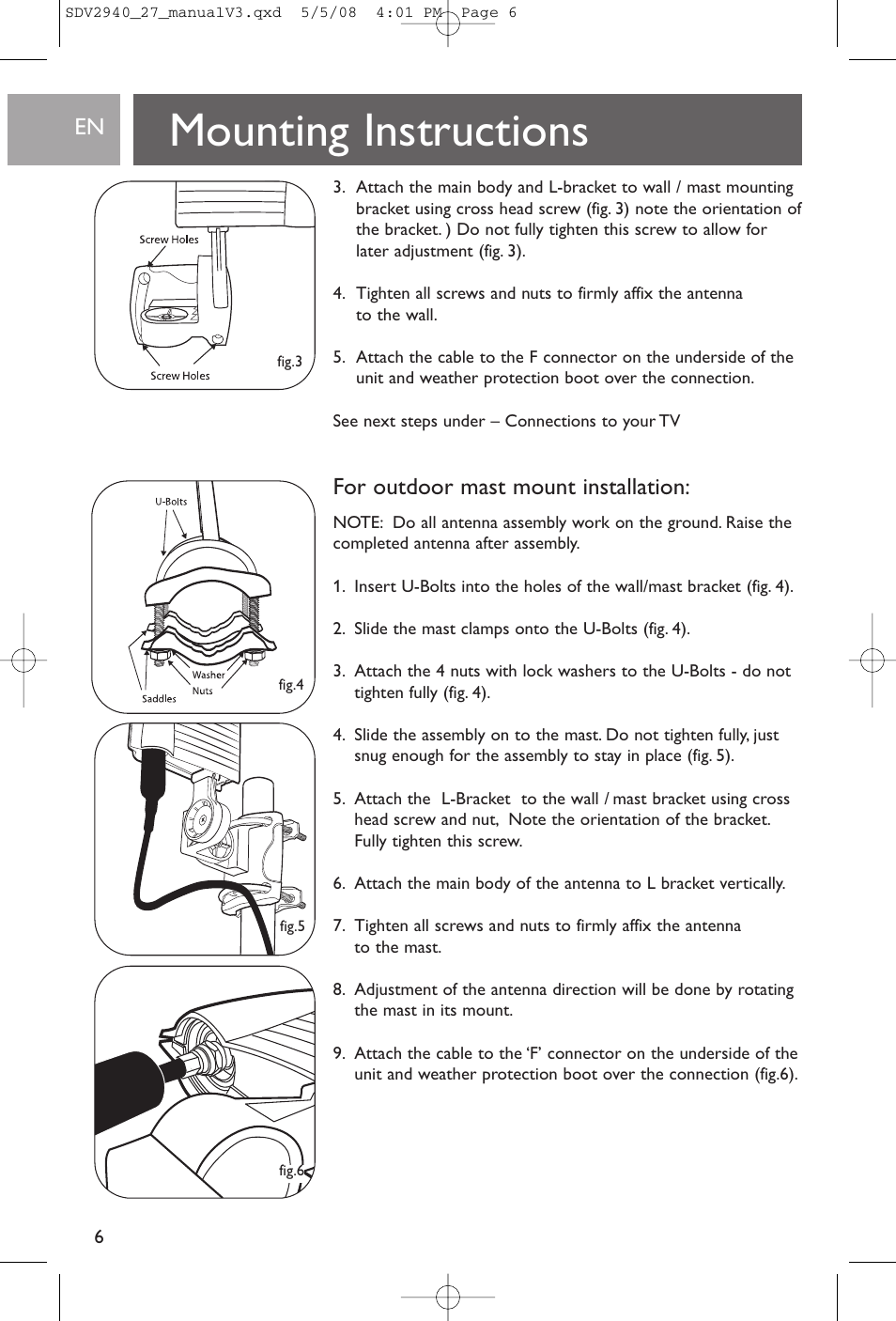 Mounting instructions, For outdoor mast mount installation | Philips SDV2927 User Manual | Page 6 / 24