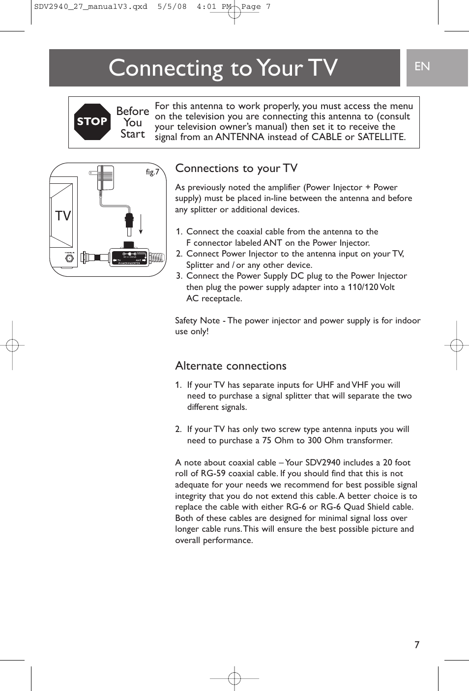 Connecting to your tv, Connections to your tv, Alternate connections | Before you start | Philips SDV2927 User Manual | Page 7 / 24