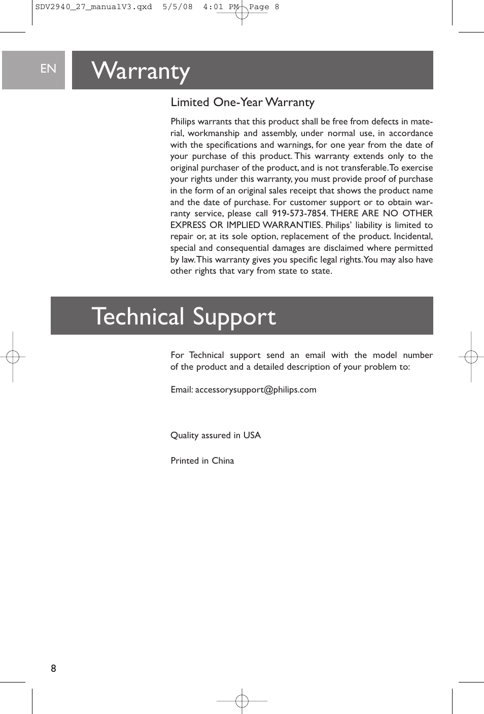 Warranty, Technical support, Limited one-year warranty | Philips SDV2927 User Manual | Page 8 / 24