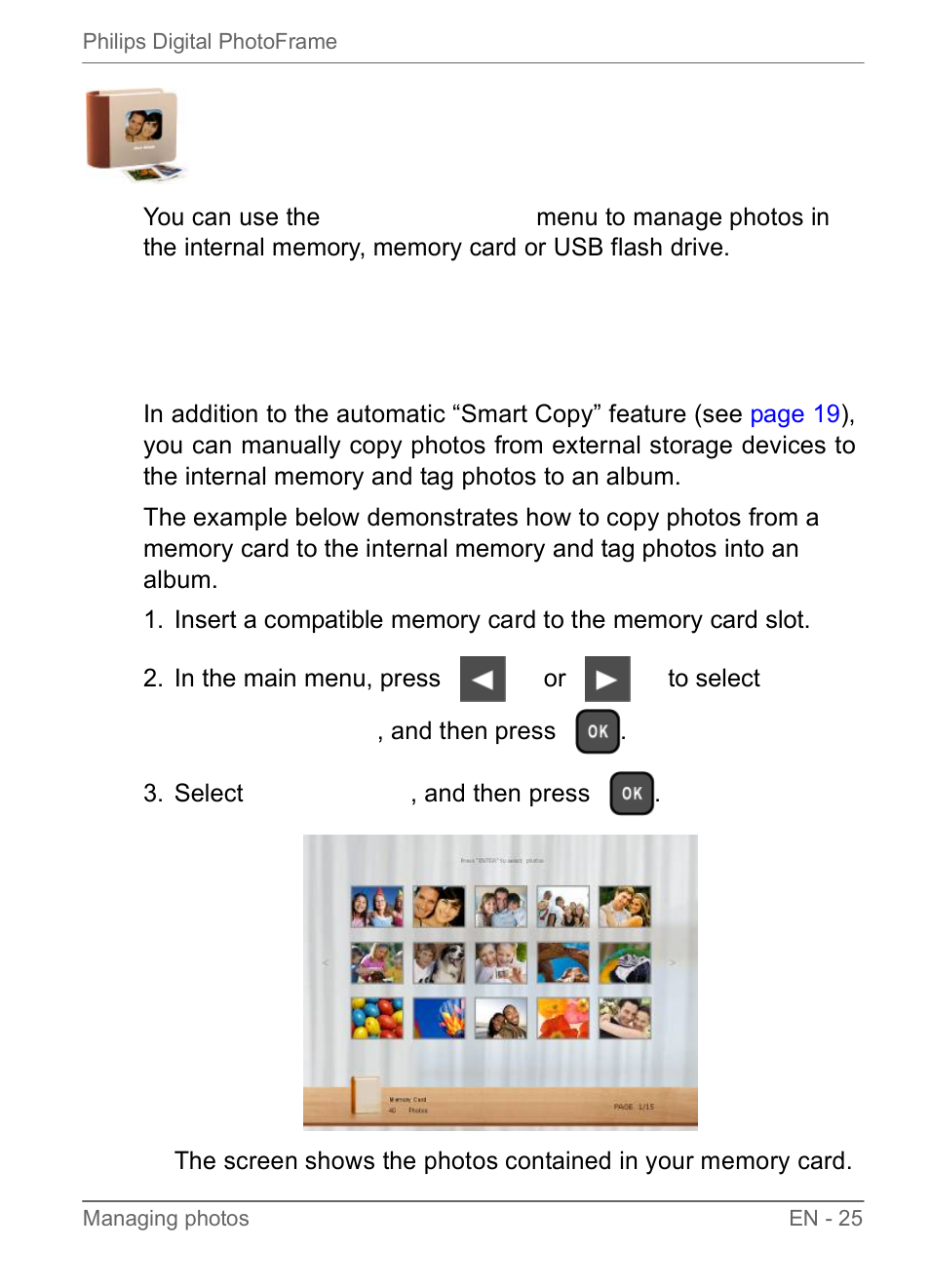 Managing photos | Philips SPF3470/G7 User Manual | Page 31 / 66