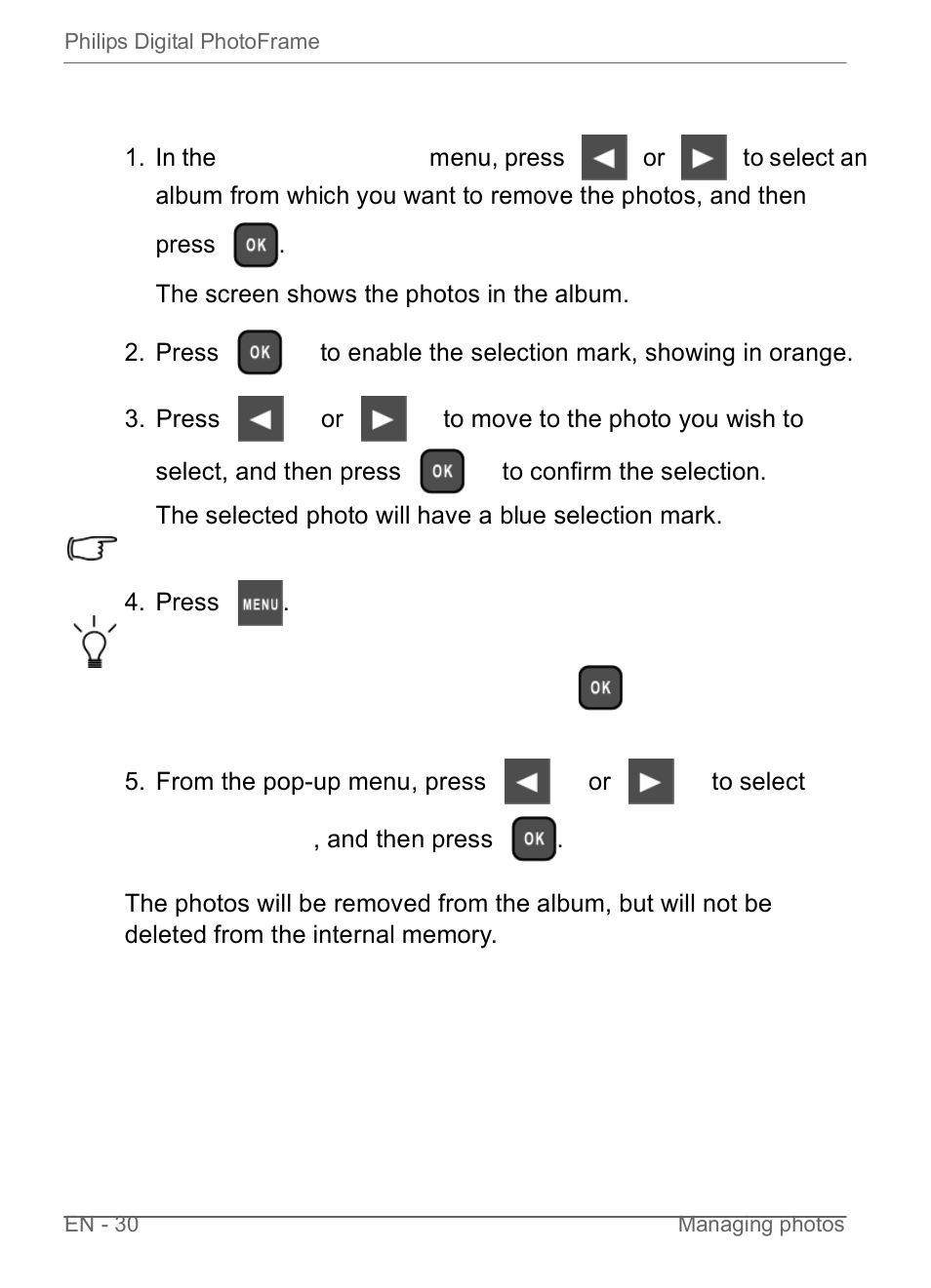 Removing photos from an album | Philips SPF3470/G7 User Manual | Page 36 / 66