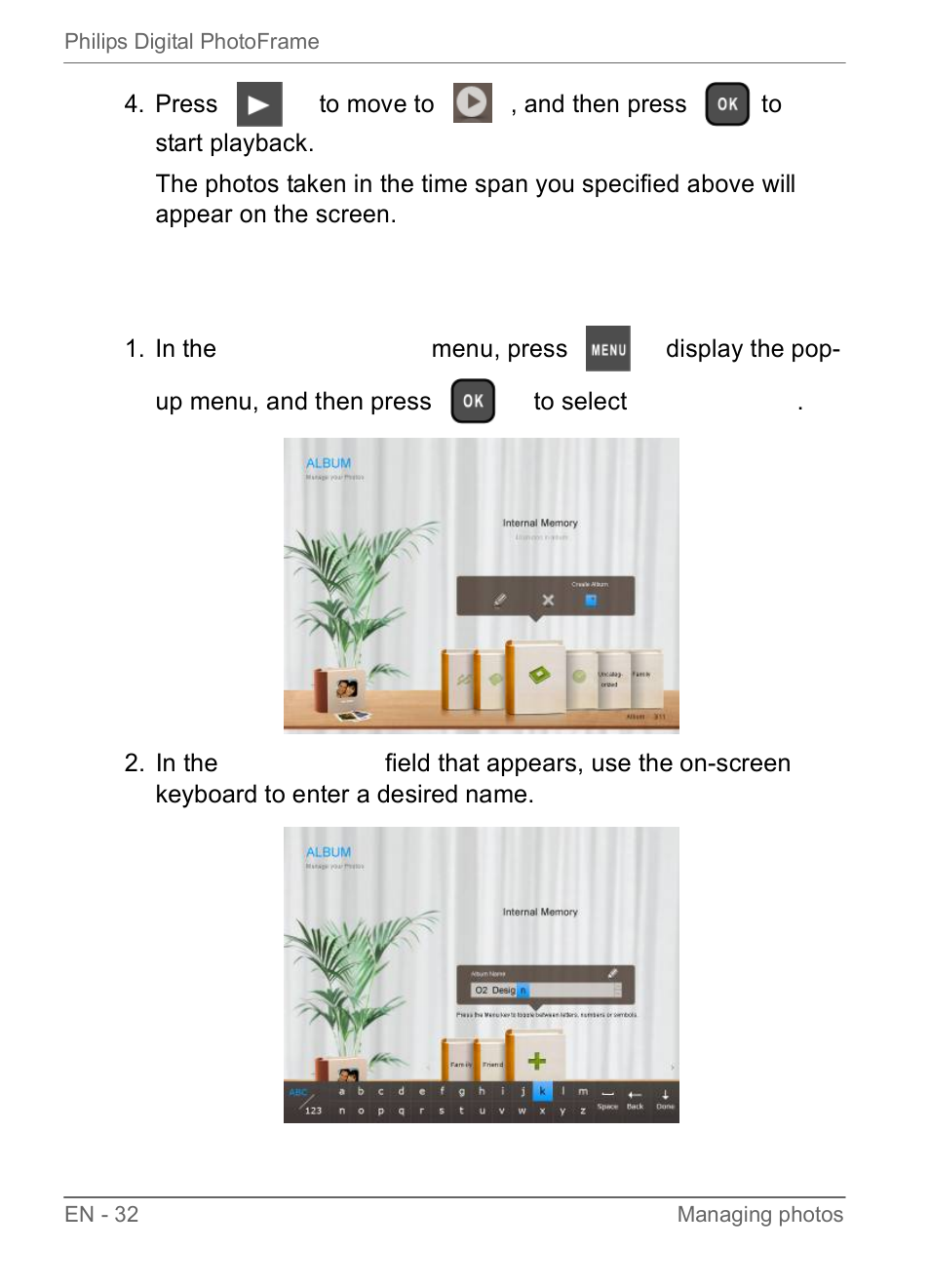 Creating a new album | Philips SPF3470/G7 User Manual | Page 38 / 66