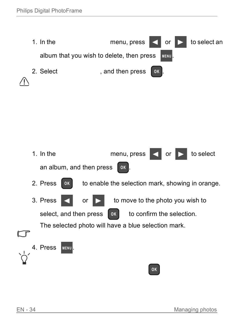 Deleting an album, Using other options in the photo albums menu, Deleting photos | Philips SPF3470/G7 User Manual | Page 40 / 66