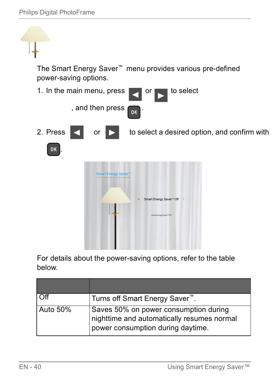 Using smart energy saver | Philips SPF3470/G7 User Manual | Page 46 / 66