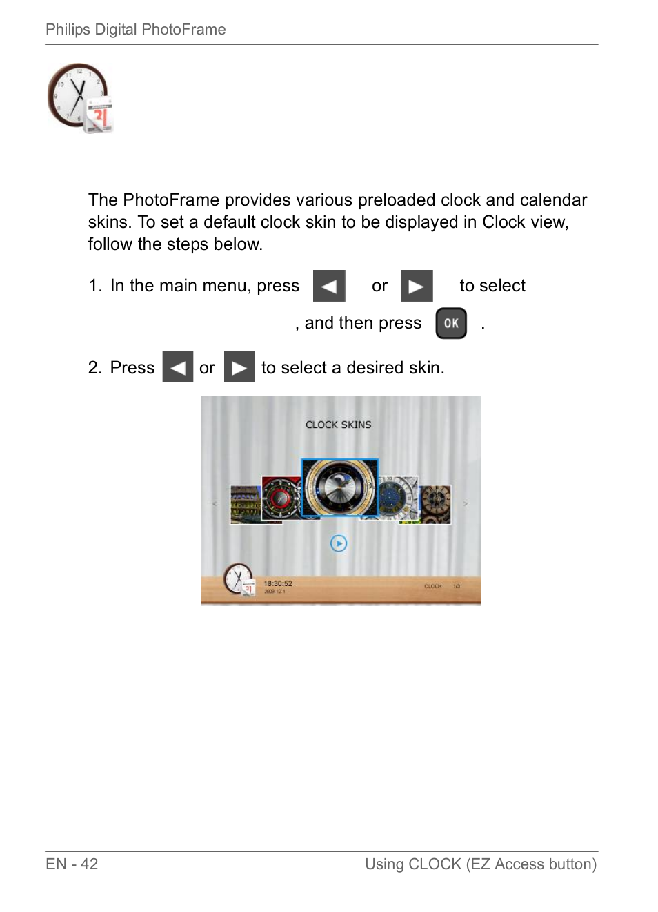 Using clock (ez access button), Selecting a clock skin | Philips SPF3470/G7 User Manual | Page 48 / 66