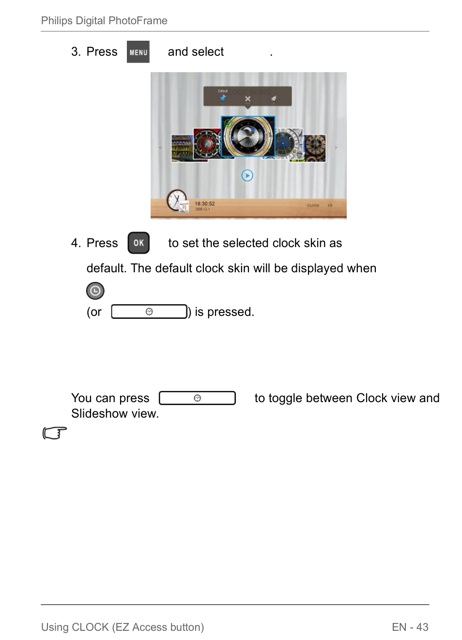 Switching between clock view and slideshow view | Philips SPF3470/G7 User Manual | Page 49 / 66
