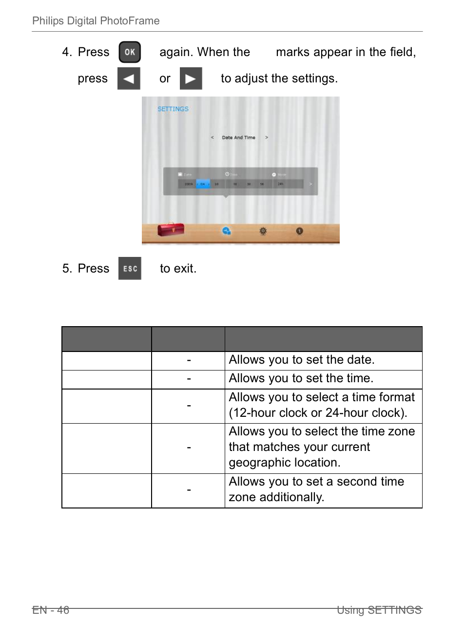 Date and time page | Philips SPF3470/G7 User Manual | Page 52 / 66