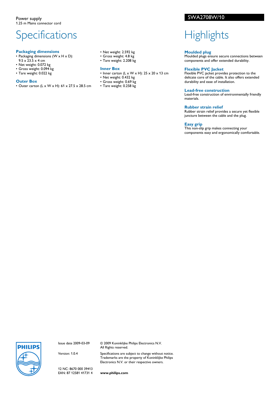 Specifications, Highlights | Philips SWA2708W User Manual | Page 2 / 2