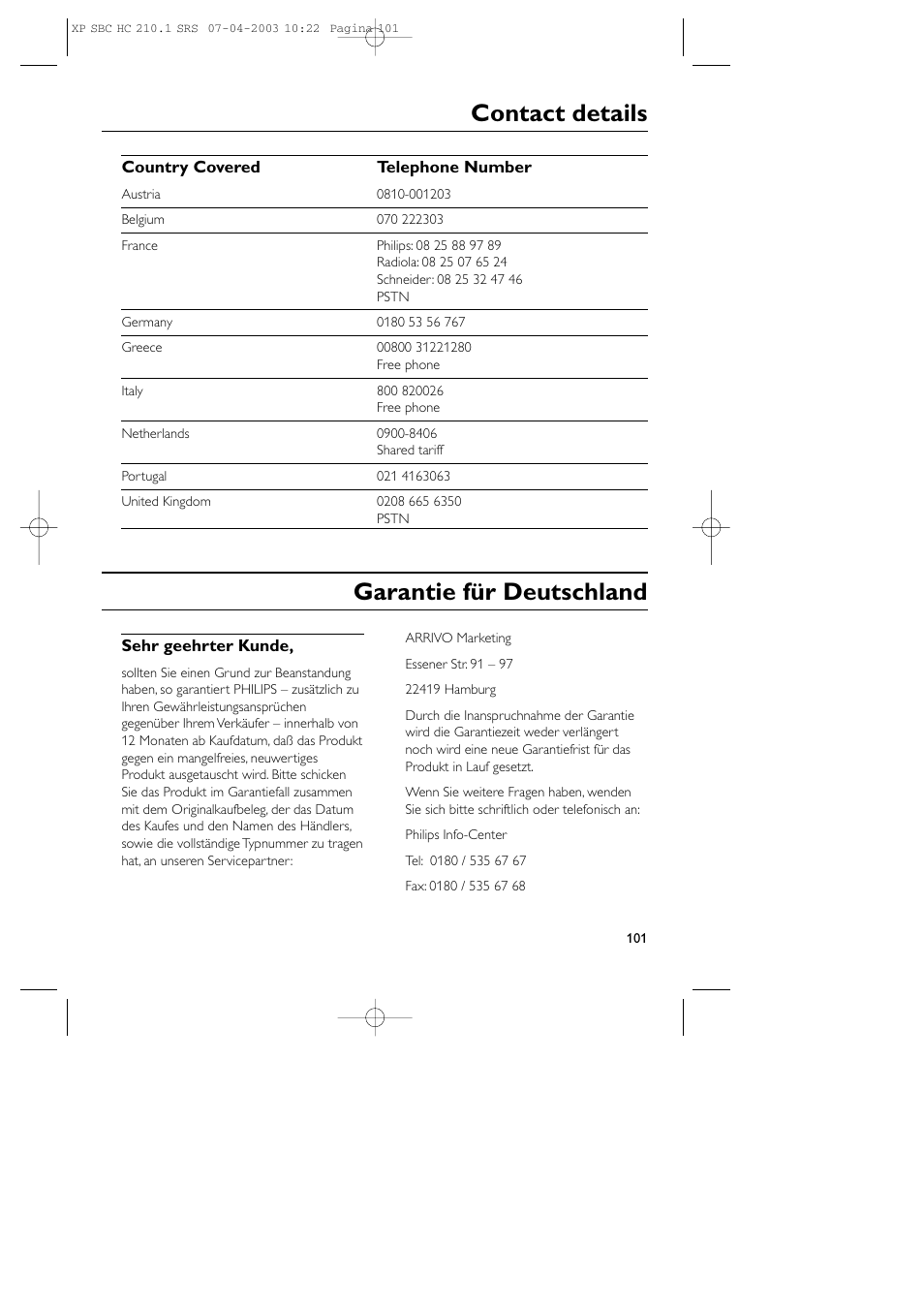 Garantie für deutschland contact details | Philips SBC HC210 User Manual | Page 101 / 102