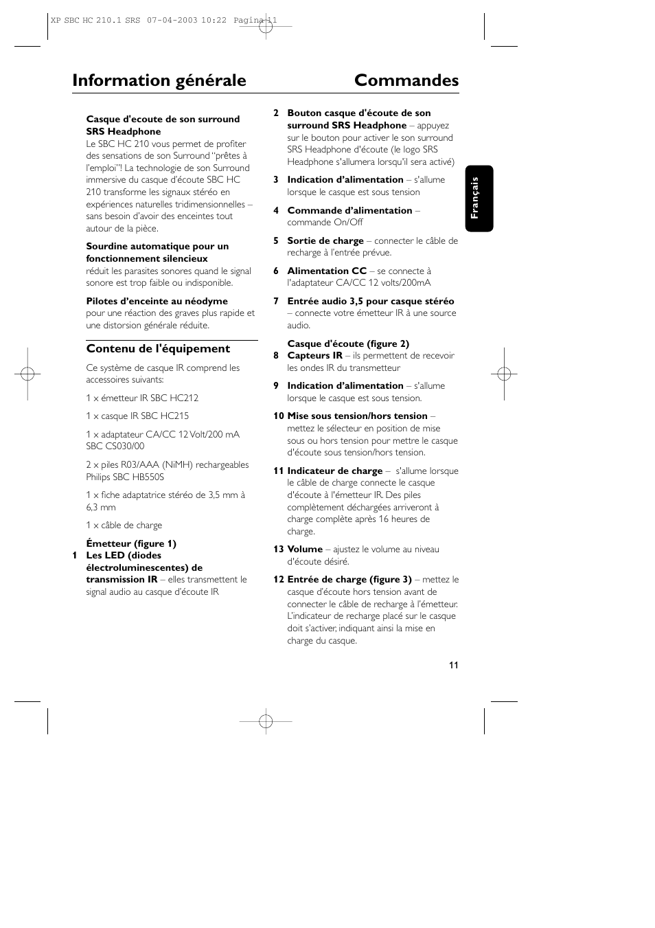 Information générale commandes | Philips SBC HC210 User Manual | Page 11 / 102