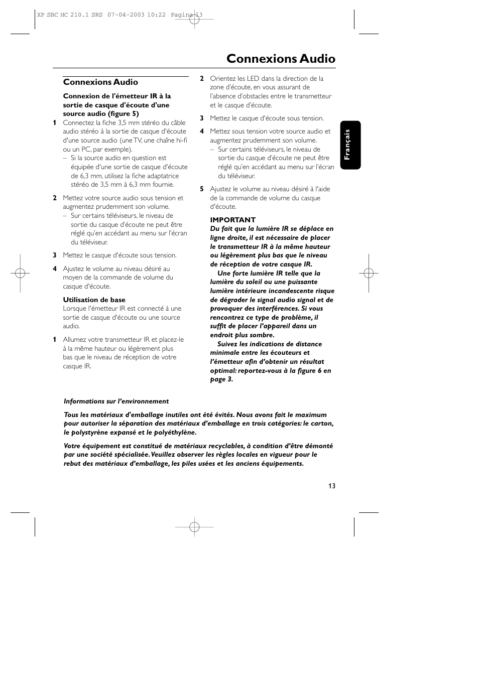 Connexions audio | Philips SBC HC210 User Manual | Page 13 / 102