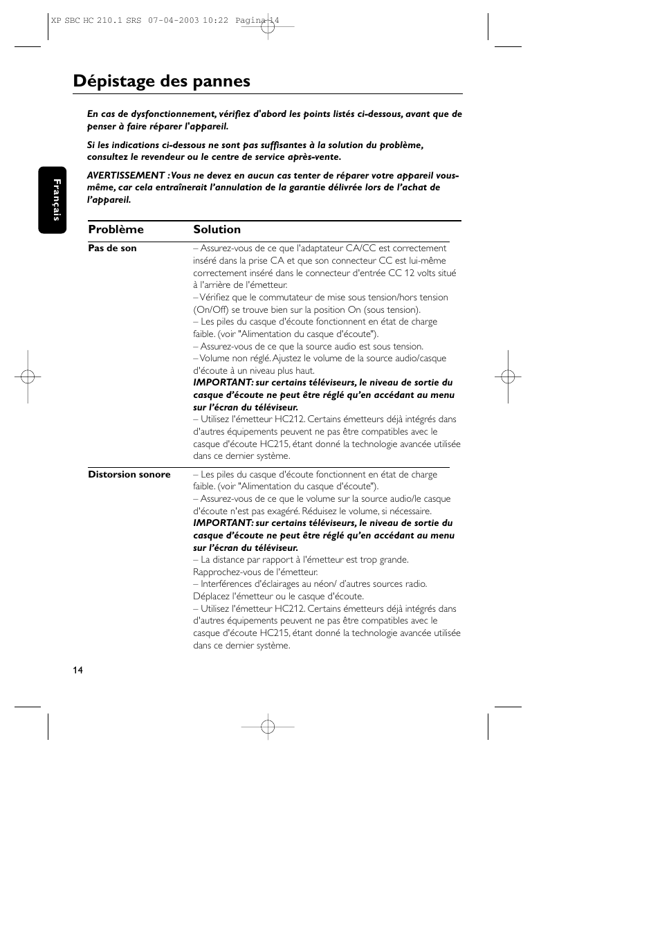 Dépistage des pannes | Philips SBC HC210 User Manual | Page 14 / 102