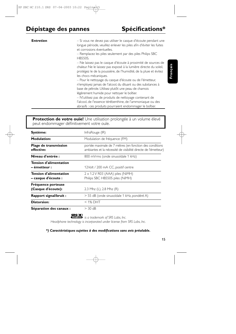 Dépistage des pannes spécifications | Philips SBC HC210 User Manual | Page 15 / 102