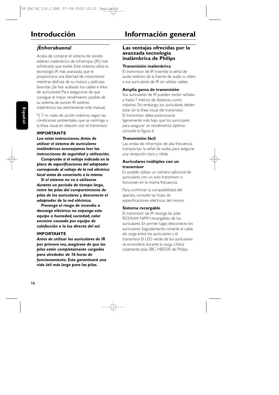 Introducción información general | Philips SBC HC210 User Manual | Page 16 / 102