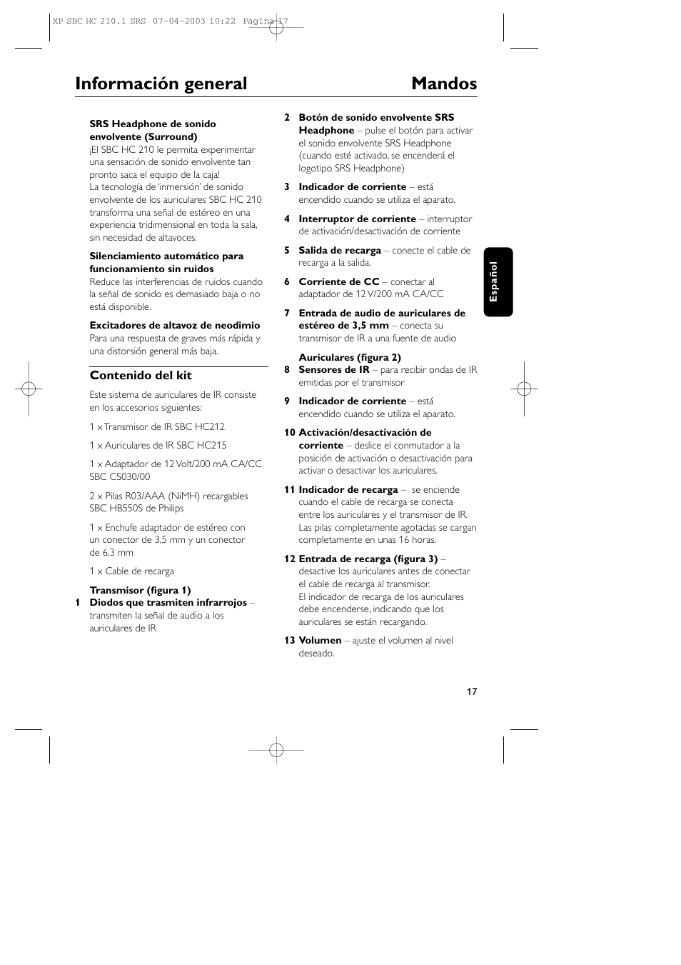 Información general mandos | Philips SBC HC210 User Manual | Page 17 / 102