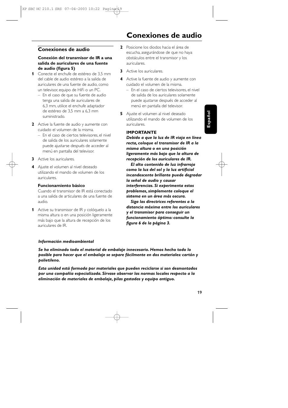 Conexiones de audio | Philips SBC HC210 User Manual | Page 19 / 102