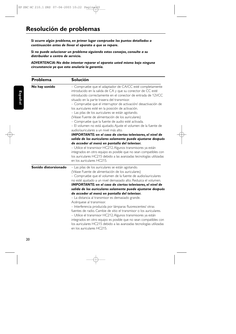 Resolución de problemas | Philips SBC HC210 User Manual | Page 20 / 102