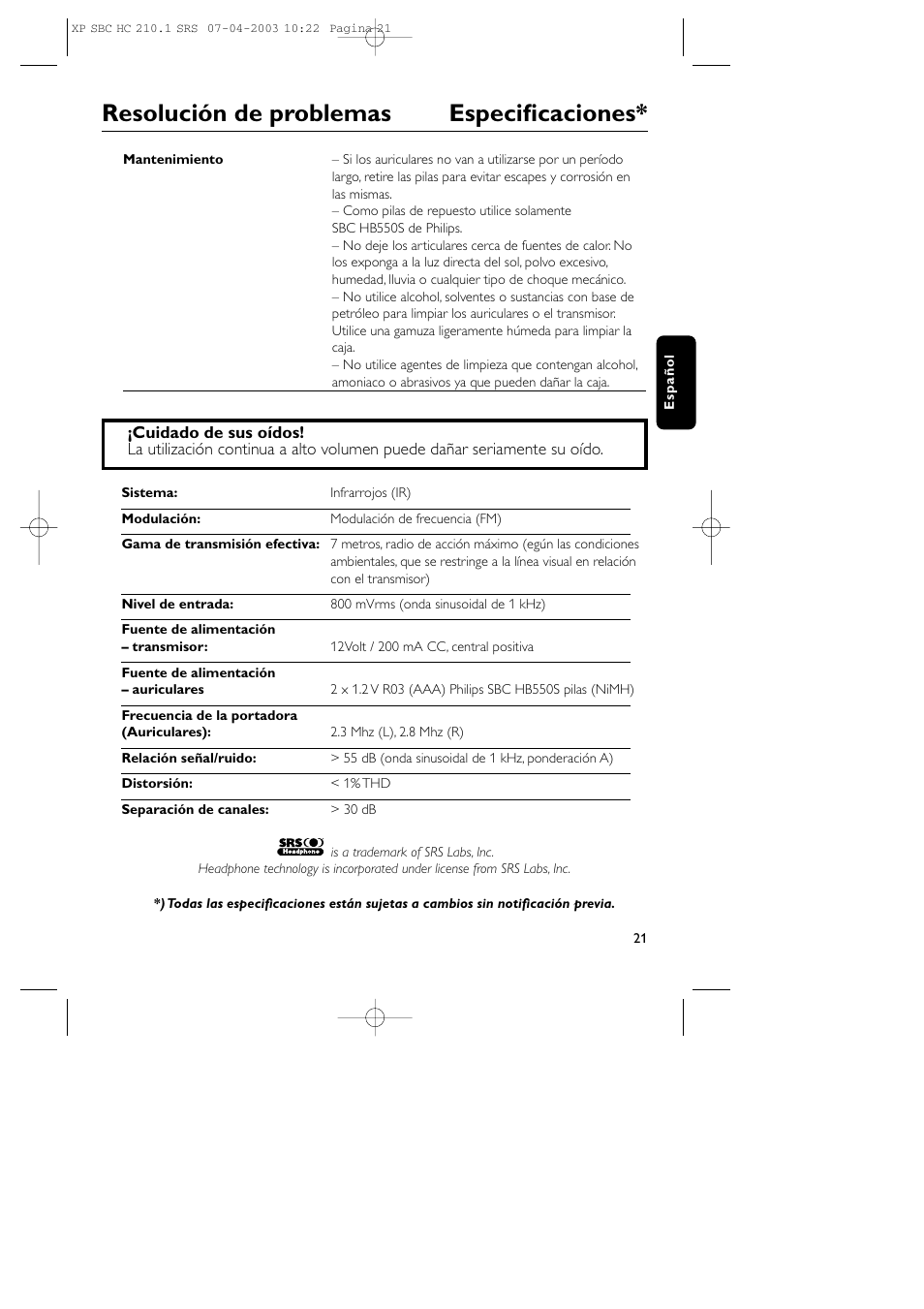 Resolución de problemas especificaciones | Philips SBC HC210 User Manual | Page 21 / 102