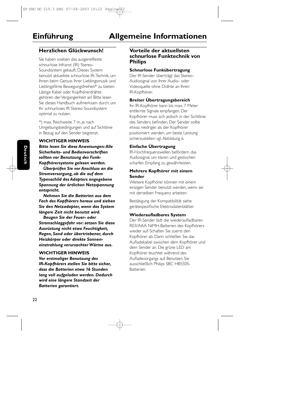 Einführung allgemeine informationen | Philips SBC HC210 User Manual | Page 22 / 102