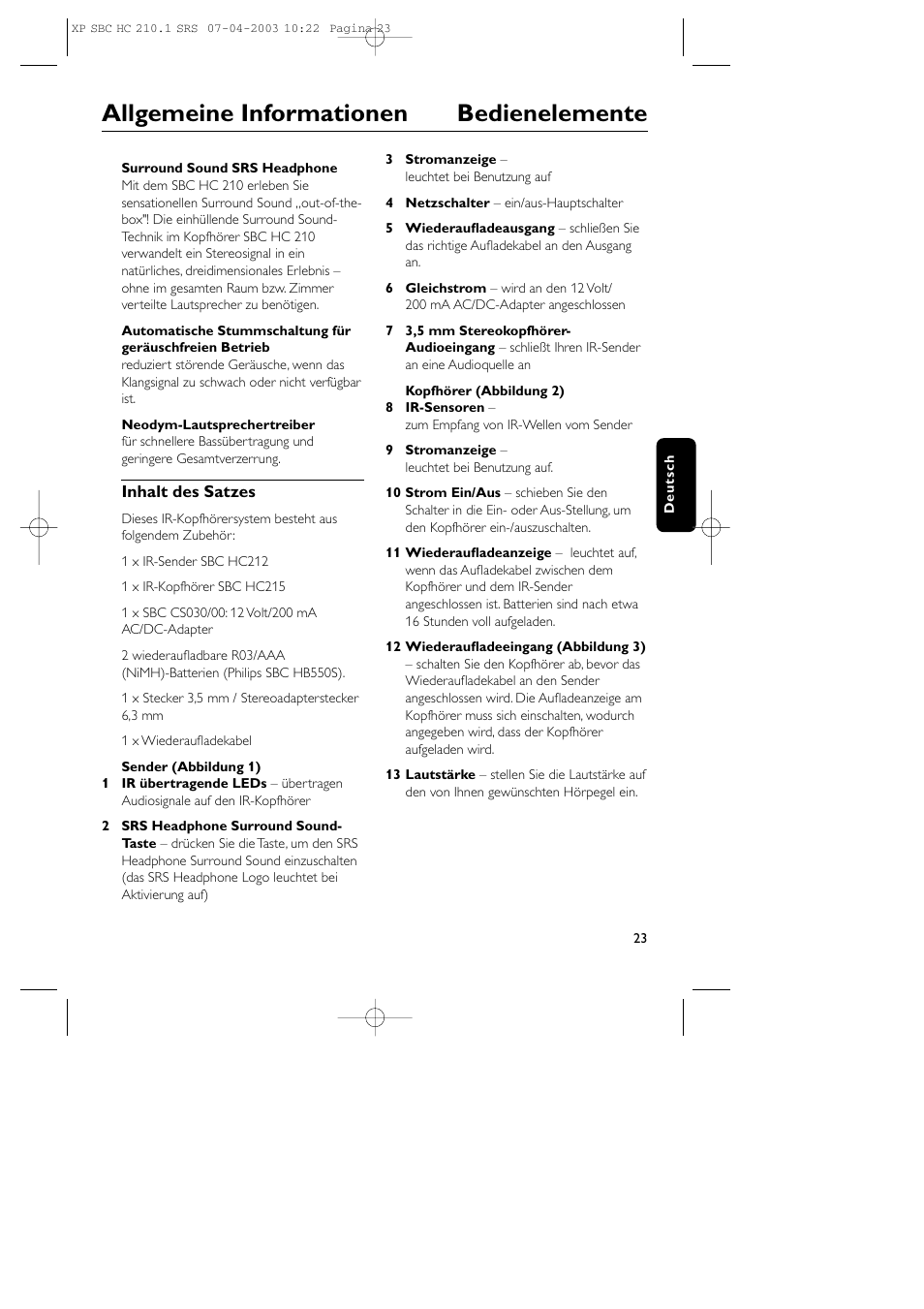 Allgemeine informationen bedienelemente | Philips SBC HC210 User Manual | Page 23 / 102