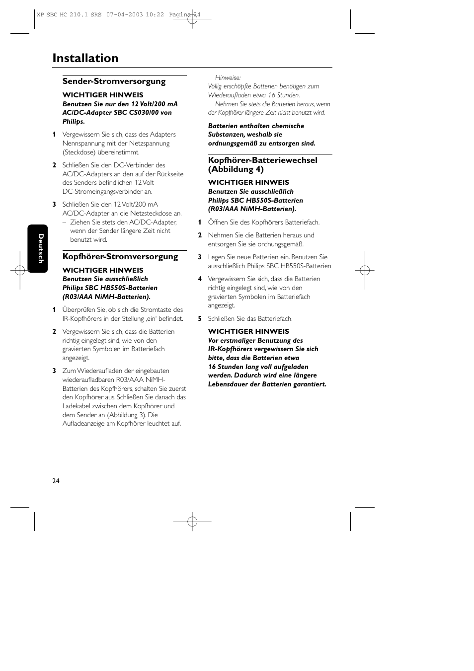 Installation | Philips SBC HC210 User Manual | Page 24 / 102