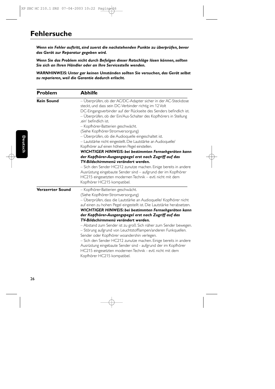 Fehlersuche | Philips SBC HC210 User Manual | Page 26 / 102