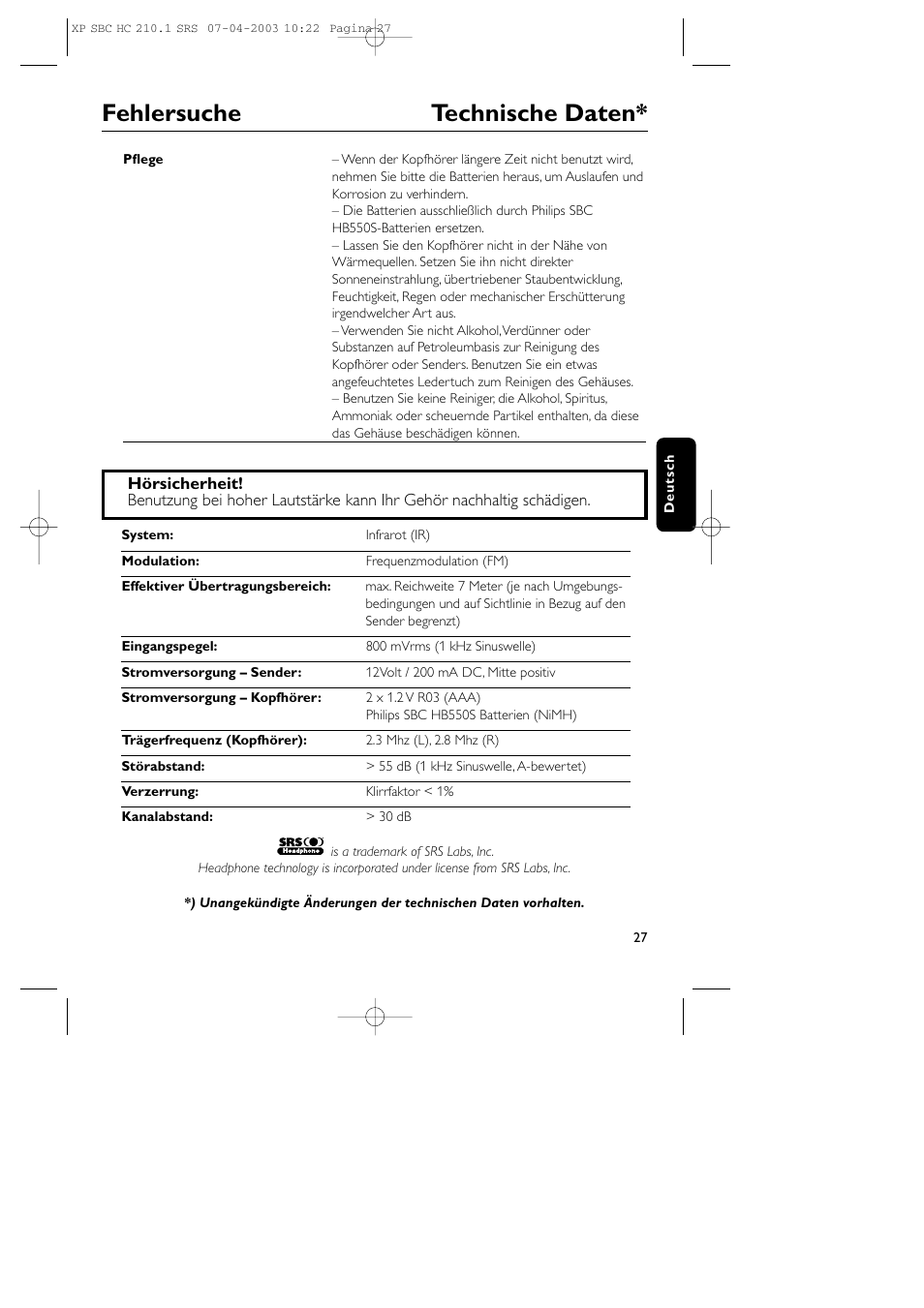 Fehlersuche technische daten | Philips SBC HC210 User Manual | Page 27 / 102