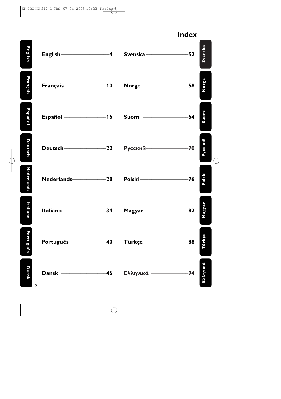 Index | Philips SBC HC210 User Manual | Page 3 / 102