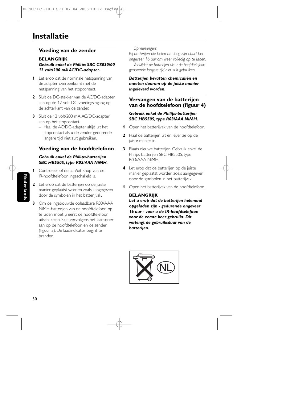 Installatie | Philips SBC HC210 User Manual | Page 30 / 102