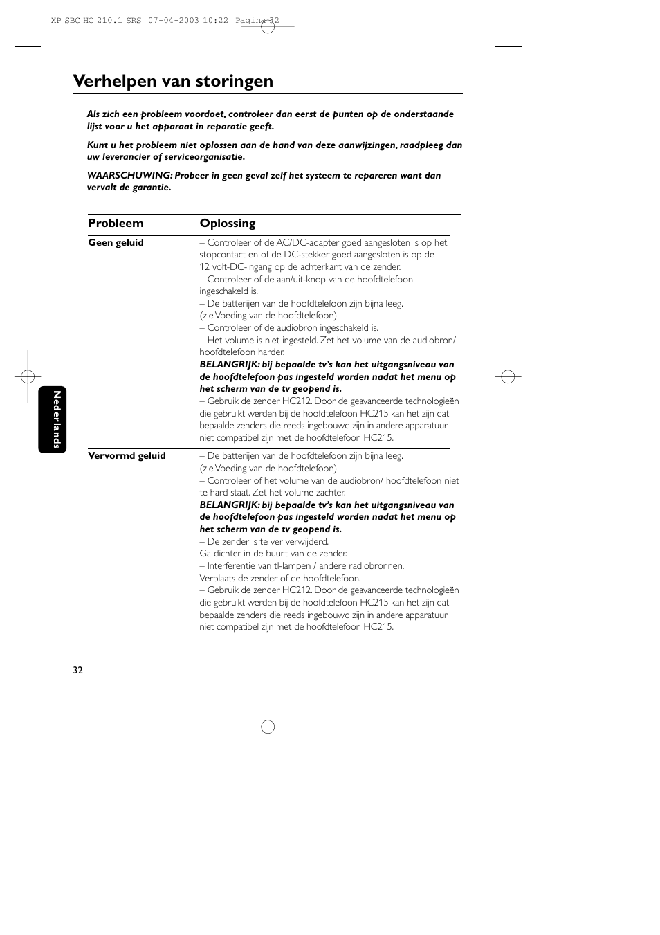 Verhelpen van storingen | Philips SBC HC210 User Manual | Page 32 / 102