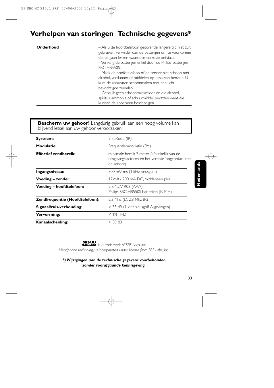 Verhelpen van storingen technische gegevens | Philips SBC HC210 User Manual | Page 33 / 102