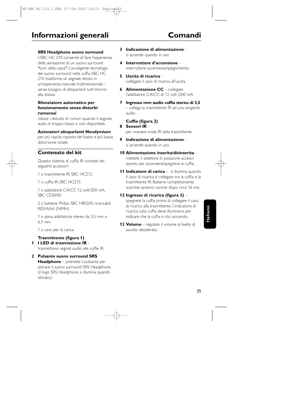 Informazioni generali comandi | Philips SBC HC210 User Manual | Page 35 / 102