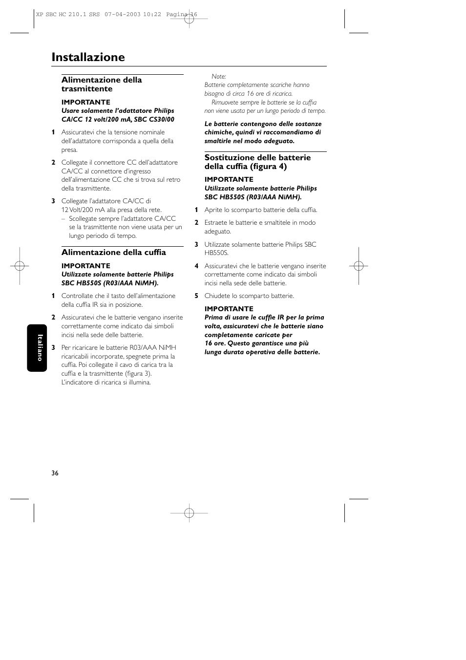 Installazione | Philips SBC HC210 User Manual | Page 36 / 102